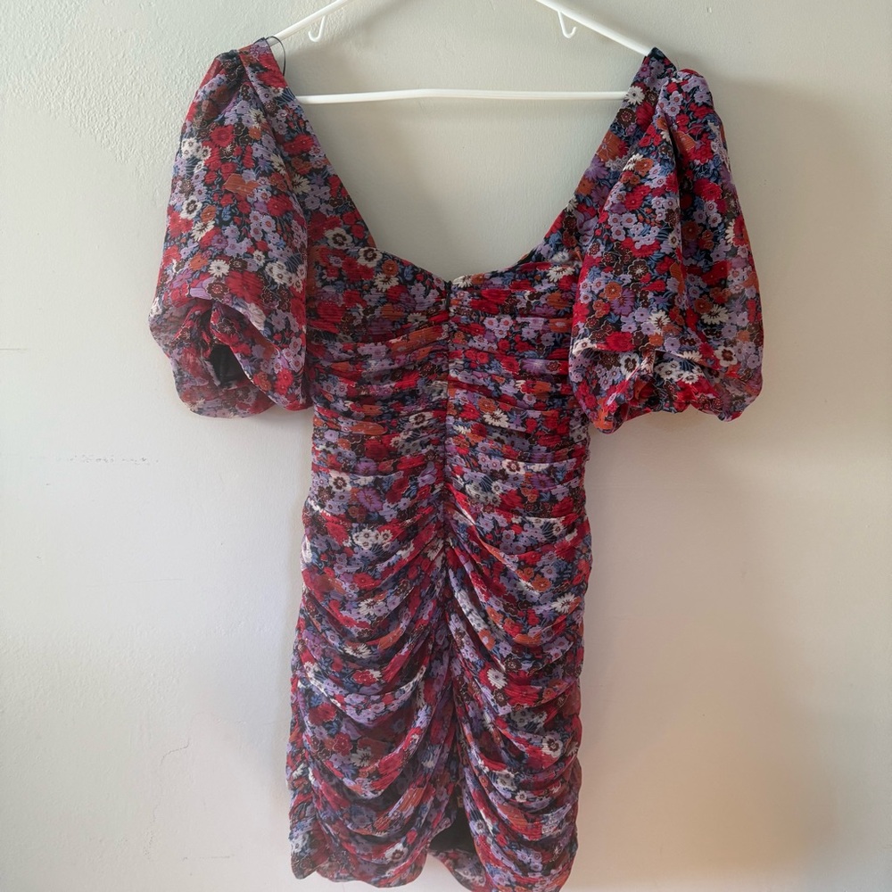 NWT Zara Red and Purple Floral Milkmaid Puffed Sleeves Mini Dress
